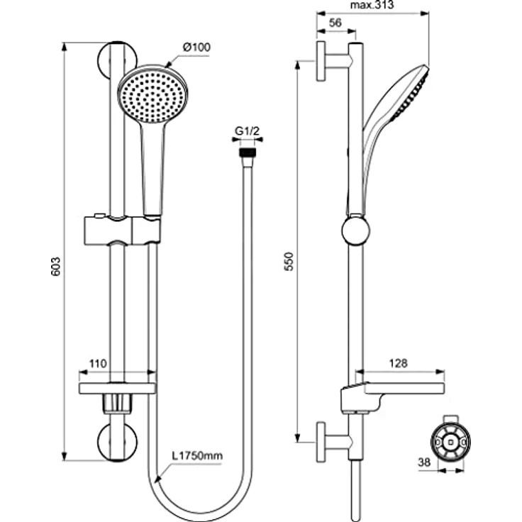 Ideal Standard Idealrain M1, Brausegarnitur mit 1-Funktionshandbrause Ø100 mm, chrom, inklusive Anti-Kalk-Funktion und transparentem Seifenschale – Bild 3