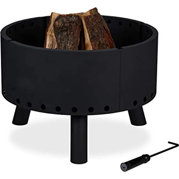Relaxdays Feuerschale, Hitzeschild, Schürhaken, hoher Rand für Flammenschutz, Feuerkorb, HxD: 40,5 x 58,5 cm, schwarz