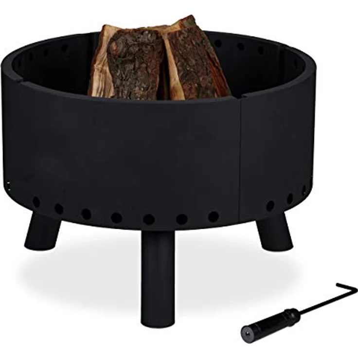 Relaxdays Feuerschale, Hitzeschild, Schürhaken, hoher Rand für Flammenschutz, Feuerkorb, HxD: 40,5 x 58,5 cm, schwarz – Bild 1