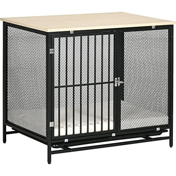 PawHut Hundekäfig, Hundehaus, Haustierkäfig, Hundehütte mit Kissen, herausnehmbarer Bodenwanne, Hundebox für mittelgroße Hunde, Tierkäfig, Indoor, Eiche, Schwarz, 80 x 55 x 71 cm