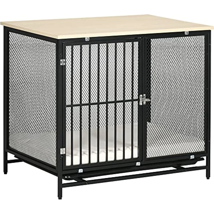 PawHut Hundekäfig, Hundehaus, Haustierkäfig, Hundehütte mit Kissen, herausnehmbarer Bodenwanne, Hundebox für mittelgroße Hunde, Tierkäfig, Indoor, Eiche, Schwarz, 80 x 55 x 71 cm – Bild 1