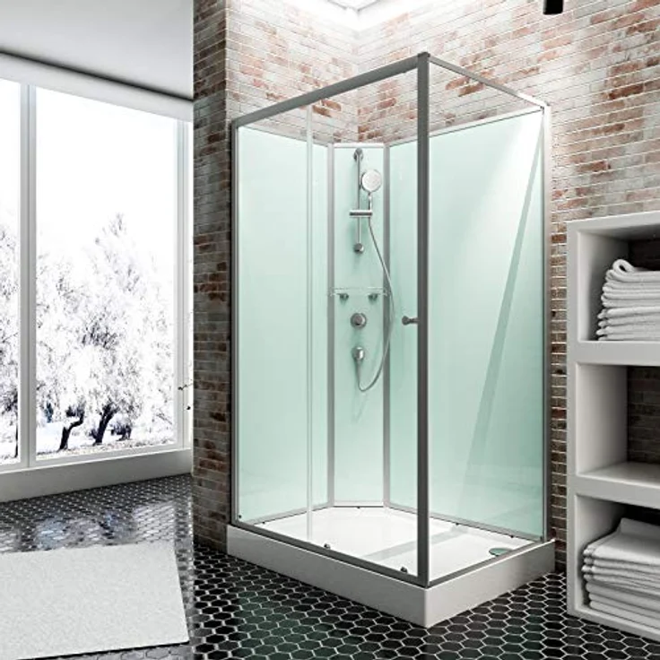 Schulte Fertigdusche Komplettdusche 120 x 80 cm Duschtempel Ibiza, 5 mm Sicherheits-Glas, Profile alu natur, Rückwände light-grün, Duschwanne weiß – Bild 1