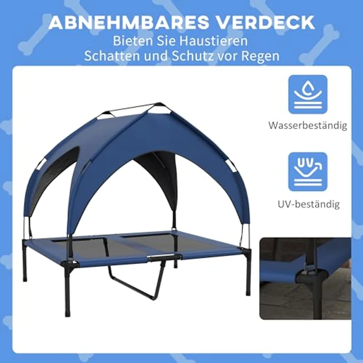PawHut Erhöhtes Hundebett mit Baldachin, Atmungsaktive Outdoor Hundeliege, Dunkelblau, 91 x 76 x 89 cm für große Hunde – Bild 4