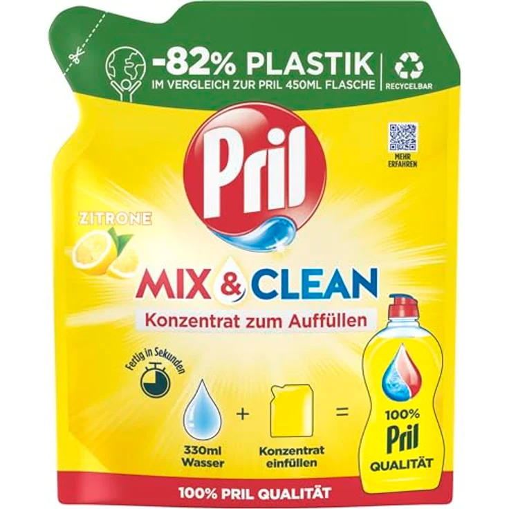 PRIL Original Konzentrat Mix & Clean, Geschirrspülmittel Zitrone 120 ml, Kalt-Aktiv-Formel, 82% weniger Plastik, recycelbare Verpackung – Bild 2