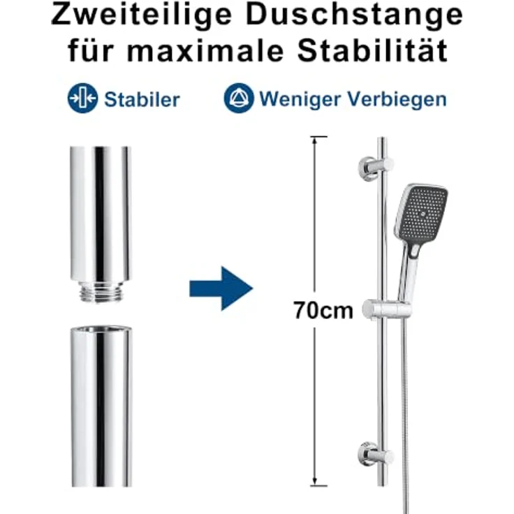 Görbach Duschset Edelstahl Duschstange mit drehbarer Duschkopfhalterung, 70 cm, Chrom, flexible Höhenverstellung und universelle Kompatibilität – Bild 3