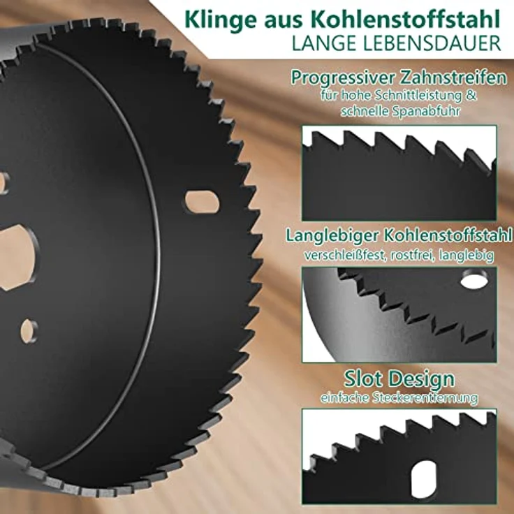 Lochsäge, HYCHIKA 19 PCS Lochsäge Kit mit 13 Sägeblättern 19mm-152mm, 2 Dornen, 2 Bohrern, 1 Montageplatte, 1 Sechskantschlüssel, ideal zum Bohren von Weichholz, PVC-Platte und Kunststoffplatte – Bild 3