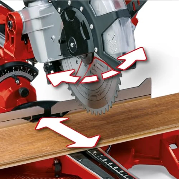 Einhell Zug-Kapp-Gehrungssäge TC-SM 2534-1 Dual (max. 2350 W, D250 x D30 mm Sägeblatt, 4000 min-1, integrierte Zugfunktion, neigbarer Sägekopf, Werkstückanschlag, Laser, inkl. Hartmetall-Sägeblatt) – Bild 6