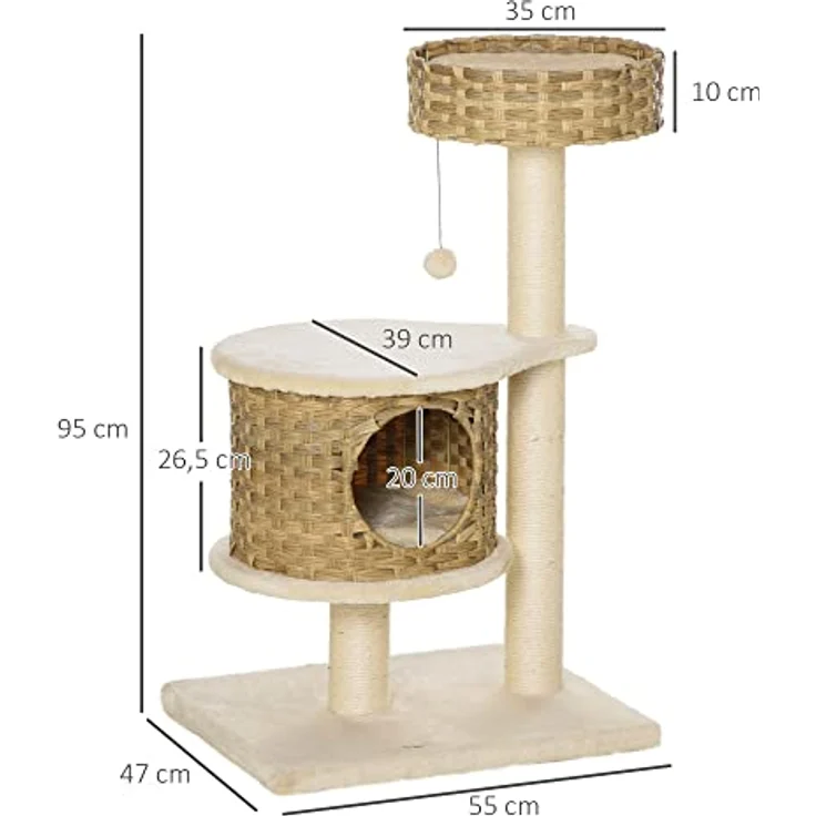 PawHut Kratzbaum Rattan Katzenbaum Kletterbaum mit Katzenhöhle Sisalstämmen Spielbälle Katzenmöbel Höhe 95 cm Sisal Natur+Beige – Bild 3