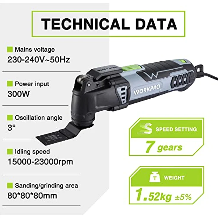 WORKPRO 300W Multifunktionswerkzeug, Oszillierende Säge mit 17 Zubehör und Aufbewahrungstasche, 7 Drehzahl 15000-23000 rpm, in Schwarz – Bild 2
