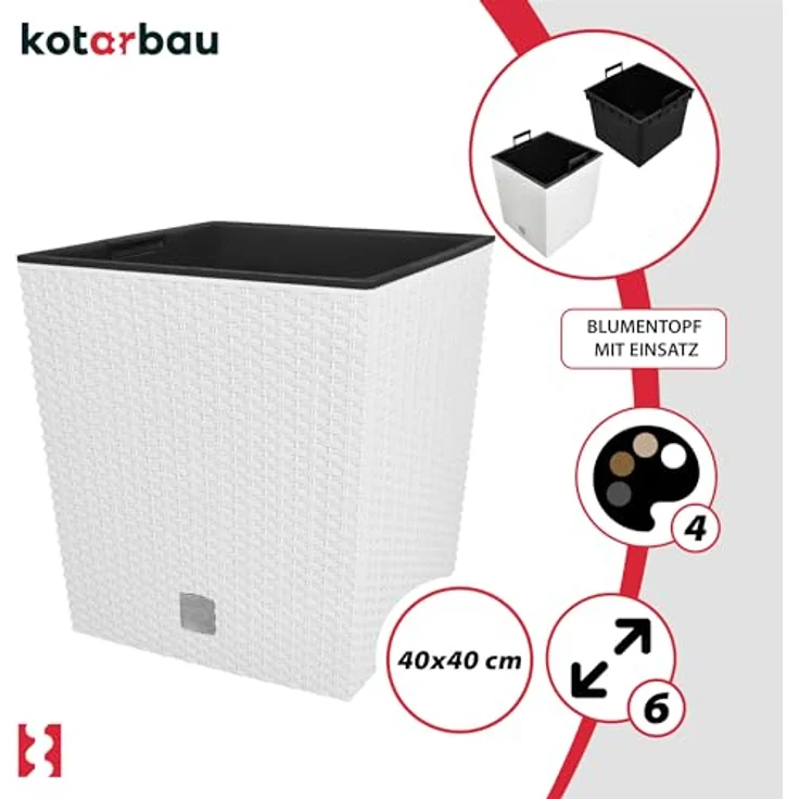 KOTARBAU® Blumentöpfe 64 L, Weiß, Kunststoff Pflanzentopf mit Innentopf, 40 cm Höhe, für Innen und Außen, rattanähnliches Design – Bild 4