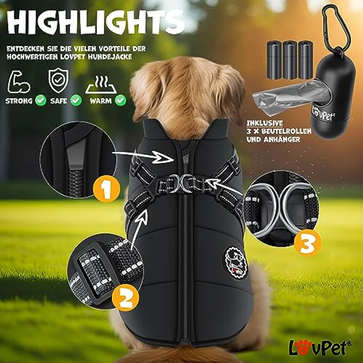 Lovpet Hundejacke Hundemantel mit Geschirr, inkl. 45 Stück Kotbeutel + Spender, Winterweste gefüttert wasserdicht, Gepolsterte Weste Mit Brustgurt, Reflektoren, D-Ring 2XL, Schwarz – Bild 4