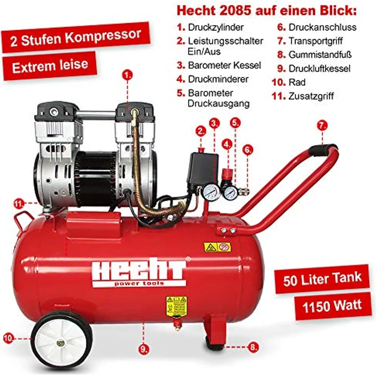 HECHT 2085 Flüster Kompressor, 8bar, 50 Liter, 196l/h, Druckminderer und Schnellkupplung – Bild 2