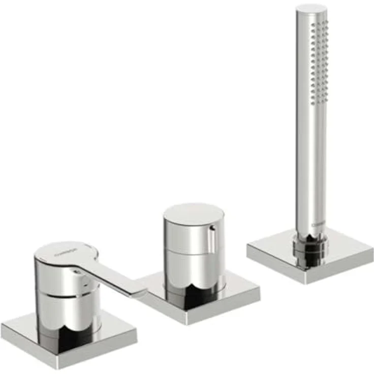 Hansa Hansaronda Wannenarmatur, Fertigsmontageset mit Sicherungseinrichtung, eckige Rosette, 3-Loch, chromfarben, inklusive Handbrause und Brauseschlauch – Bild 1