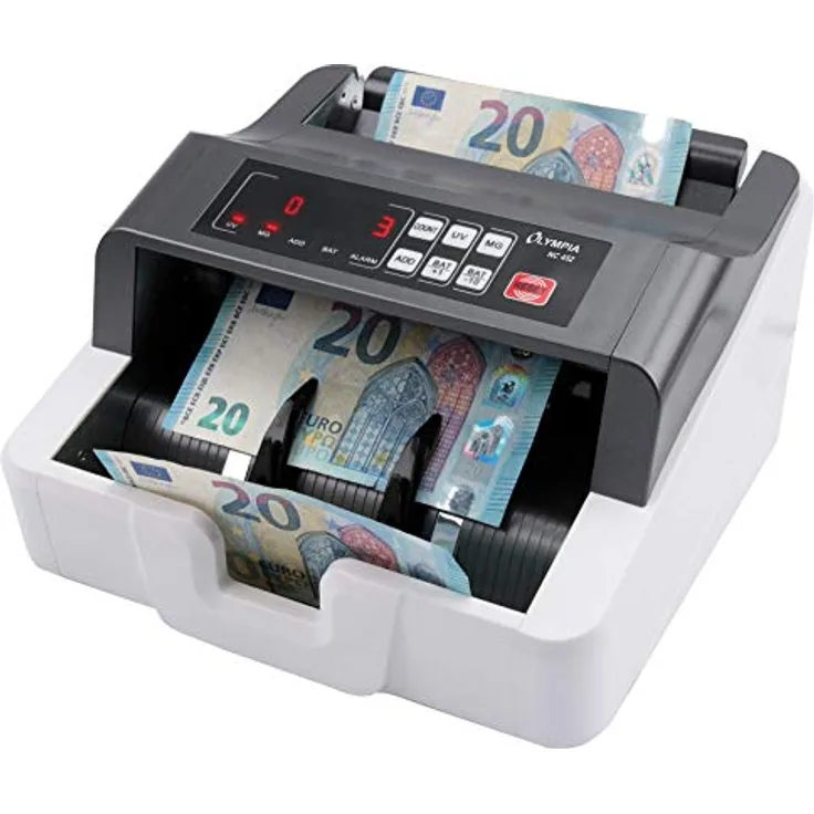 Olympia NC 452 Akku Geldzählmaschine & Geldscheinprüfer Stückzähler (für Scheine, Echtheitsprüfung, Additionsfunktion, LCD-Display, Geldscheinzähler für Euro, Dollar, Pfund etc., mit Update-Funktion)