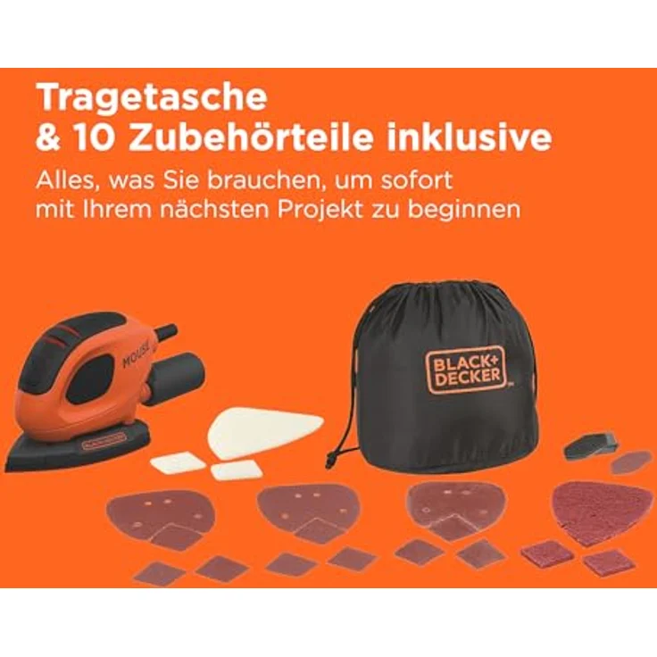 Black+Decker BEW230BCA-QS Dreieckschleifer Mouse (55 Watt, Schleifplatte 133 x 95 mm, Schleifen-Polieren, Klettfix-System, inkl. Schleifpapiere + Fingerschleifpapier, Staubsaugeradapter, Tasche), W – Bild 9
