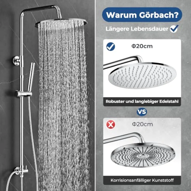 Görbach Edelstahl Duschset ohne Armatur, Rund Kopfbrause 20 cm, verstellbare Duschstange aus rostfreiem Edelstahl, Chrom – Bild 2