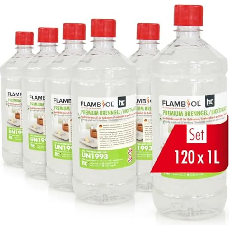 Höfer Chemie 120x 1 L FLAMBIOL® Premium Brenngel - Verbesserte Rezeptur mit Bioethanol, lange Brenndauer