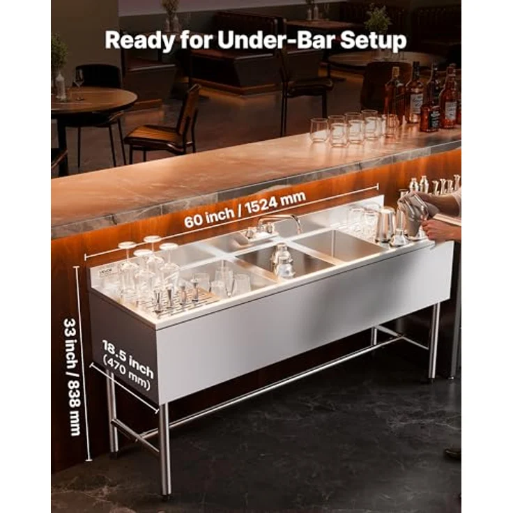 VEVOR Edelstahl Spülbecken mit 3 Becken & 2 Abtropfflächen, Spritzschutz, Wasserhahn, 1524 x 470 x 838 mm, für Restaurants und Privaten Gebrauch – Bild 3