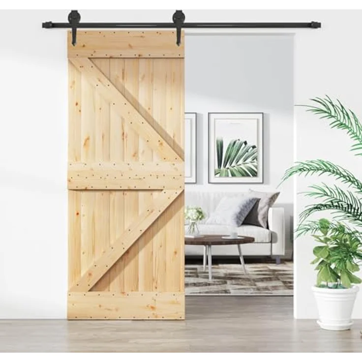 vidaXL Schiebetür 85 x 210 cm, Massivkiefer in Natürlich und Schwarz, moderne Schiebetür mit pulverbeschichtetem Stahl, pflegeleicht, für Innenräume – Bild 2