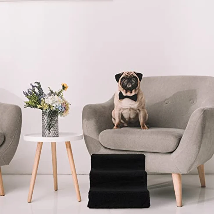 Relaxdays Hundetreppe 3 Stufen, kleine & große Hunde, Bett & Couch, Stoffbezug, Tiertreppe innen, 30x35x45 cm, schwarz 1 Stück – Bild 2