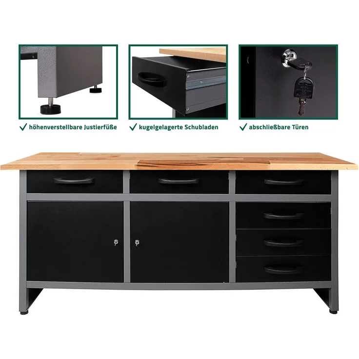 ONDIS24 Werkbank Karsten, (Set) 6 Schubladen, 2 Türen, belastbar bis 510 kg, Metall, schwarz