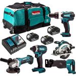 Makita DLX6046 Akku-Spezialset Akku-Winkelschleifer DGA452, DHP458 Akku-Schlagbohrschrauber, Akku-Reciprosäge DJR186, Akku-Handkreissäge DSS610, dem Akku-Schlagschrauber DTD152 und der DML802 Akku-Lampe
