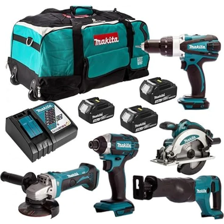 Makita DLX6046 Akku-Spezialset Akku-Winkelschleifer DGA452, DHP458 Akku-Schlagbohrschrauber, Akku-Reciprosäge DJR186, Akku-Handkreissäge DSS610, dem Akku-Schlagschrauber DTD152 und der DML802 Akku-Lampe – Bild 1