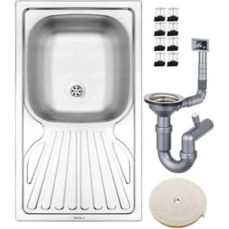 DEANTE Eingelassene 1-Kammer-Stahlspüle 76 x 43 cm, seidenmatte Oberfläche mit Abtropffläche und Siphon – Bild 1