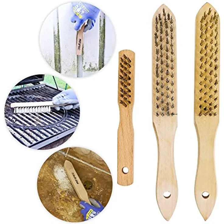 S&R Drahtbürste Handdrahtbürste Set 3-tlg, Drahtbürsten mit Holzgriff, für Metall, Holz, Grill, Industriebürste (Edelstahl 290mm + 2x Messingbürsten 290mm und 180mm) – Bild 8
