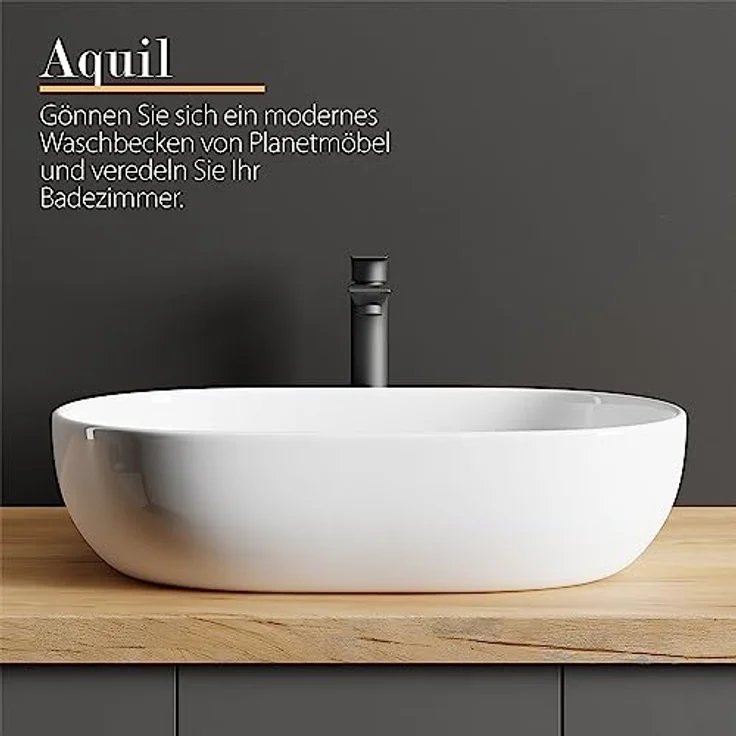 Planetmöbel Aquil Deluxe Waschbecken Oval | Aufsatzwaschbecken für Badezimmer und Gäste-WC | Handwaschbecken ohne Hahnloch und Überlauf | weiß, 60 x 40 x15 cm – Bild 5