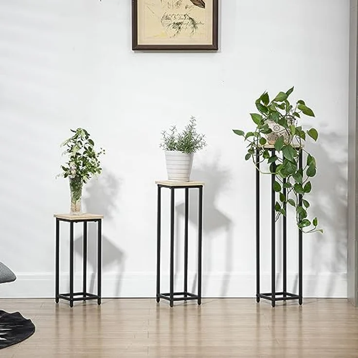 Outsunny Blumenständer im Industriedesign, 3er Set aus Stahl und Holzoptik, für Garten und Balkon, Schwarz+Natur – Bild 9