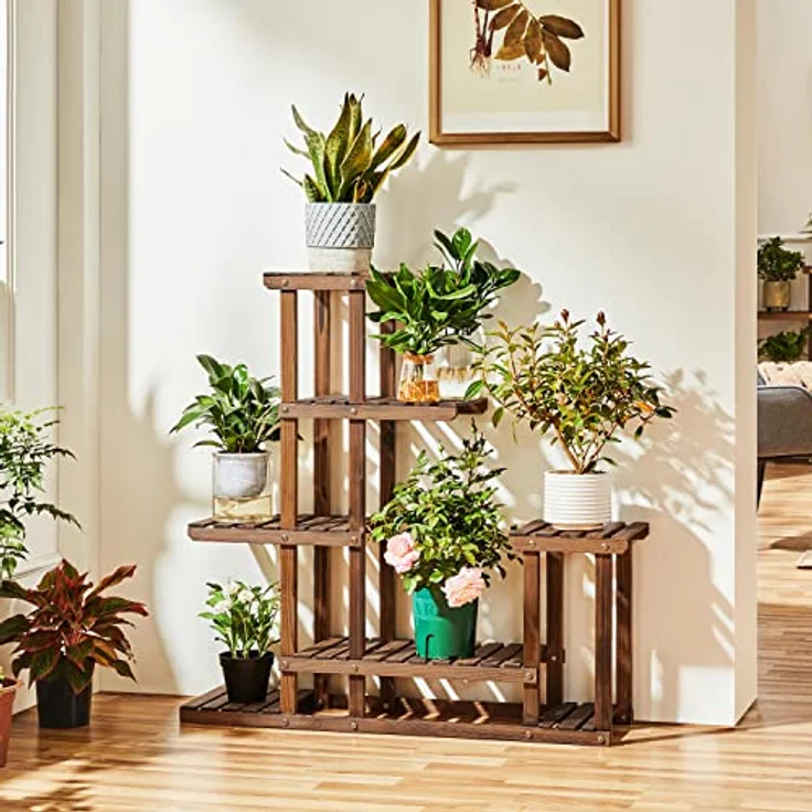 Yaheetech Pflanzentreppe 7 Ebenen, Pflanzenregal aus FSC-zertifiziertem Tannenholz, 97x96x25cm, für drinnen und draußen – Bild 3