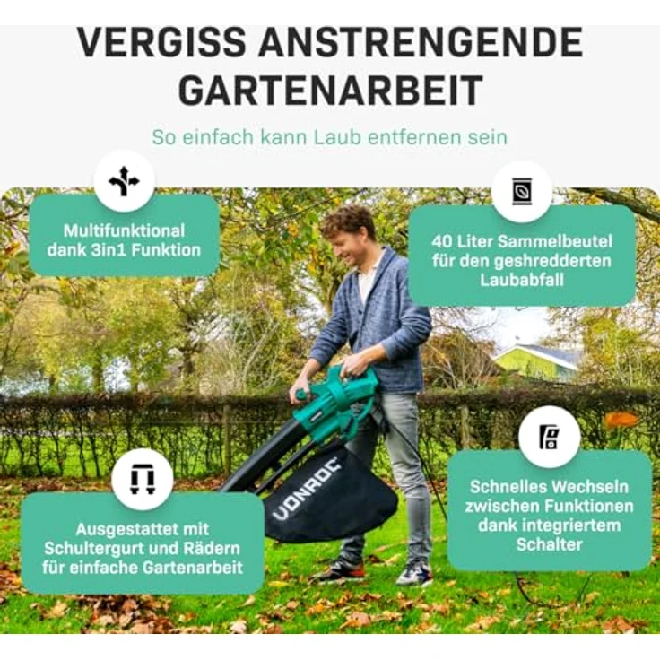 VONROC Laubsauger Elektro 3300W, 3 in 1 Laubsammler mit 270 km/h Blasgeschwindigkeit und 40L Auffangbeutel – Bild 3