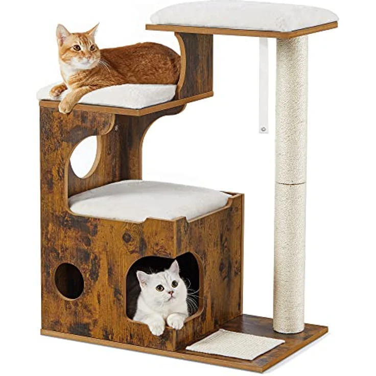Feandrea Kratzbaum, 86 cm hoher Katzenbaum, Spanplatten-Katzenkratzbaum, mit Höhle, Liegeflächen, Säule und Sisal-Kratzmatte, waschbare Plüschkissen, vintagebraun-weiß PCT70HW – Bild 1