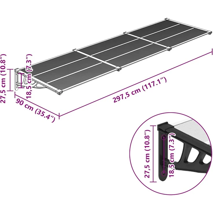 vidaXL Türvordach Schwarz und Transparent 297,5x90 cm Polycarbonat, Wetterfest und Korrosionsbeständig – Bild 1