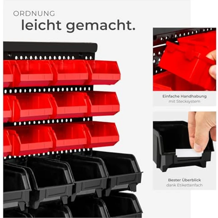 tectake® Werkstatt Wandregal, 62-teilig, inkl. Stapelboxen und Kleinteilemagazin, flexibles Ordnungssystem für Werkstatt und Garage – Bild 4