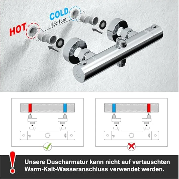 JOHO Thermostat Duschsystem, Regendusche Duschset mit XXL Kopfbrause Ø 30cm, Chrom, inklusive Mischbatterie und höhenverstellbarer Duschstange – Bild 5