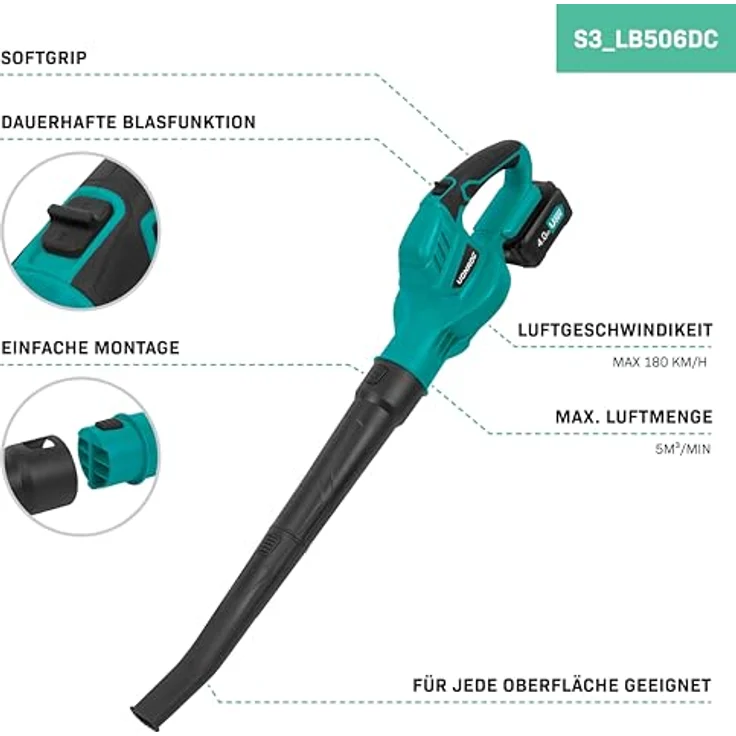 VONROC Akku-Laubbläser 20V 4.0Ah Komplett-Set, 180 km/h, 5 m³/min – Bild 2