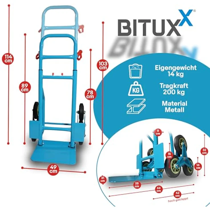 Bituxx Treppensackkarre Ausziehbar, bis 200 kg Traglast, mit einstellbarem Haltegriff, blau – Bild 3