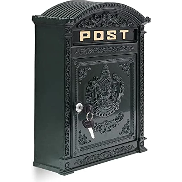 Relaxdays Briefkasten Antik Englischer Wandbriefkasten aus Aluguss mit breitem Briefschlitz für DIN A4 Umschläge HBT: 44,5 x 31 x 9,5 cm nostalgischer Postkasten mit rundem Dach, grün – Bild 2