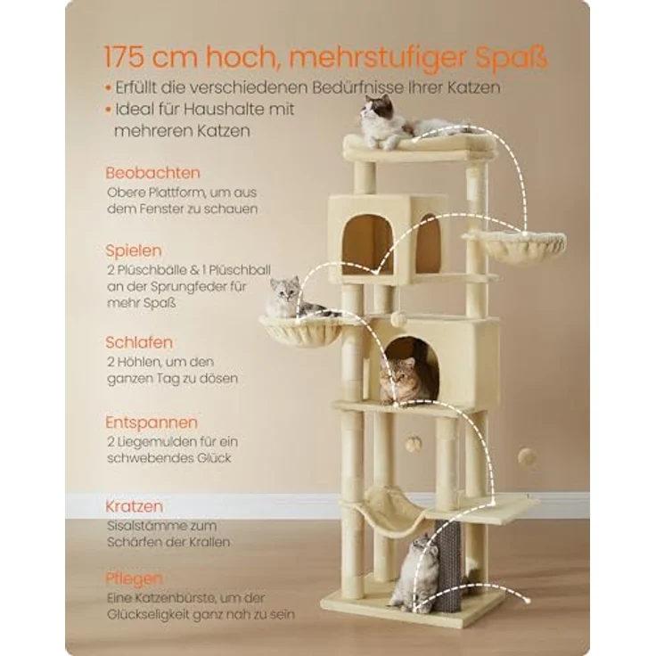 Feandrea Kratzbaum XL, 175 cm hoch, mit 2 Höhlen, 2 Liegemulden, 5 Kratzsäulen, Katzenbürste, sandbeige – Bild 3