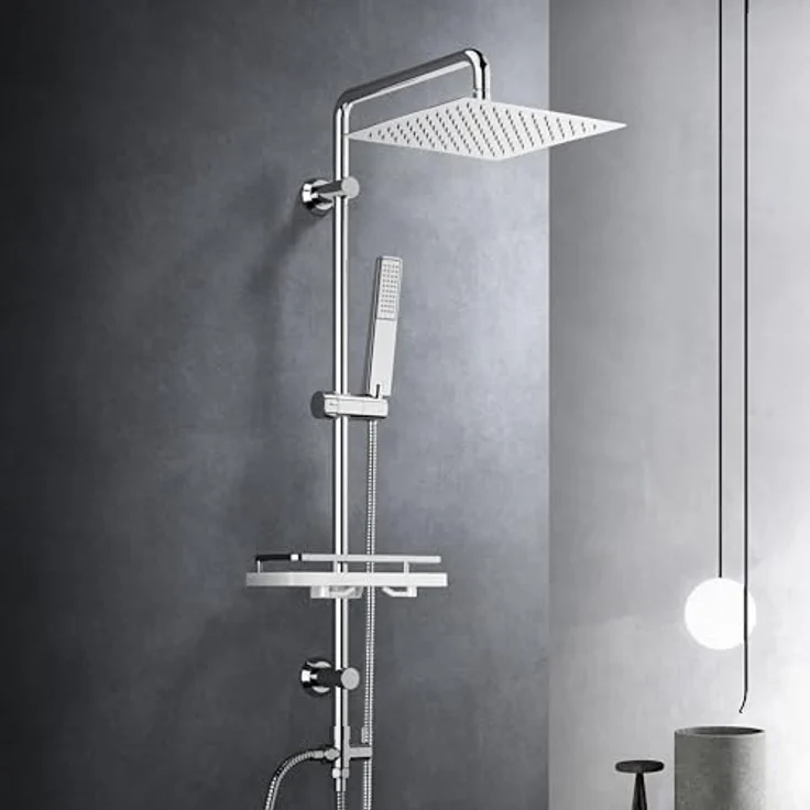 Görbach Edelstahl Duschset Regendusche 25x25 cm, Duschsystem ohne Armatur mit verstellbarer Duschstange und Duschablage in Chrom – Bild 1