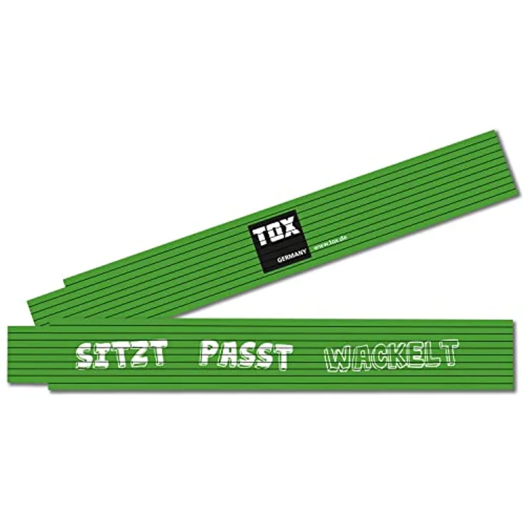 TOX Zollstock 2m in grün - Meterstab mit Aufdruck Sitzt Passt Wackelt - Gliedermaßstab aus Buchenholz mit Winkelmessfunktion und farbigen Dezimalzahlen - Genauigkeitsklasse III