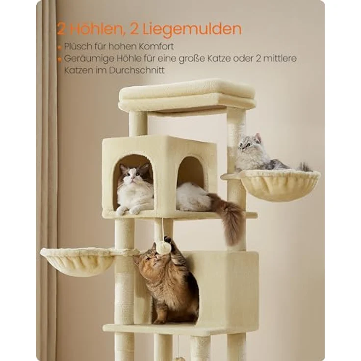 Feandrea Kratzbaum XL, 175 cm hoch, mit 2 Höhlen, 2 Liegemulden, 5 Kratzsäulen, Katzenbürste, sandbeige – Bild 4