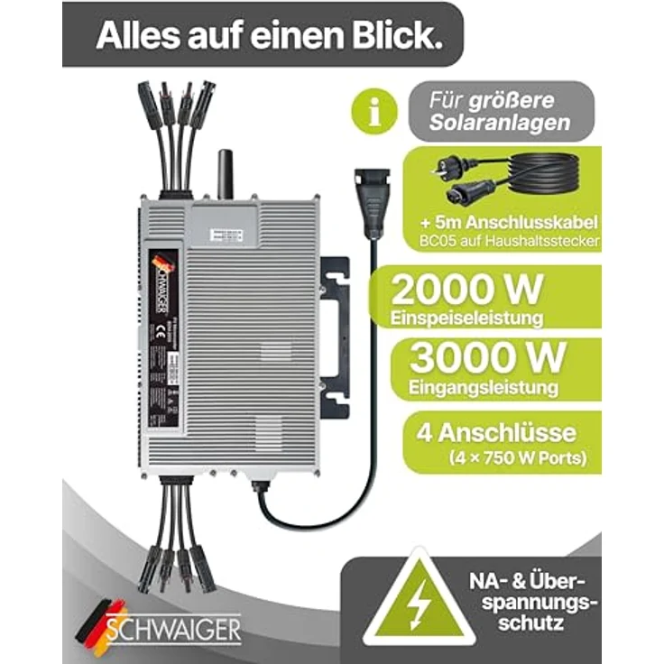 Schwaiger NEP Wechselrichter SOWR2000, leistungsstark mit 2000W Spitzenleistung, Drosselung auf 800W, App-fähig für Anschluss an Balkonkraftwerke – Bild 2