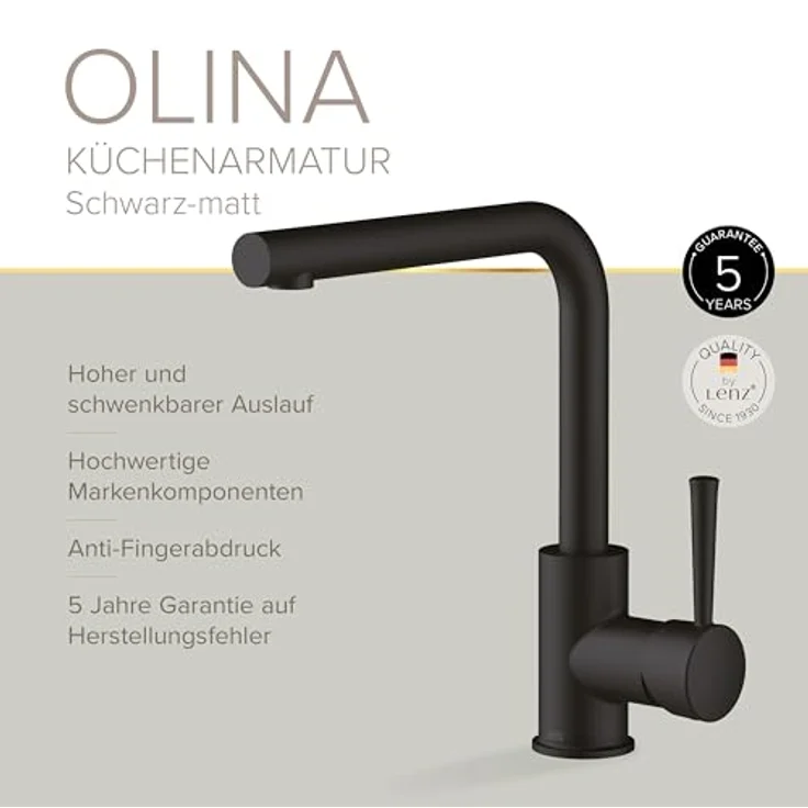 Lenz Küchenarmatur OLINA, Schwarz, mit Anti-Fingerabdruck Oberfläche und 360°-Schwenkfunktion – Bild 4