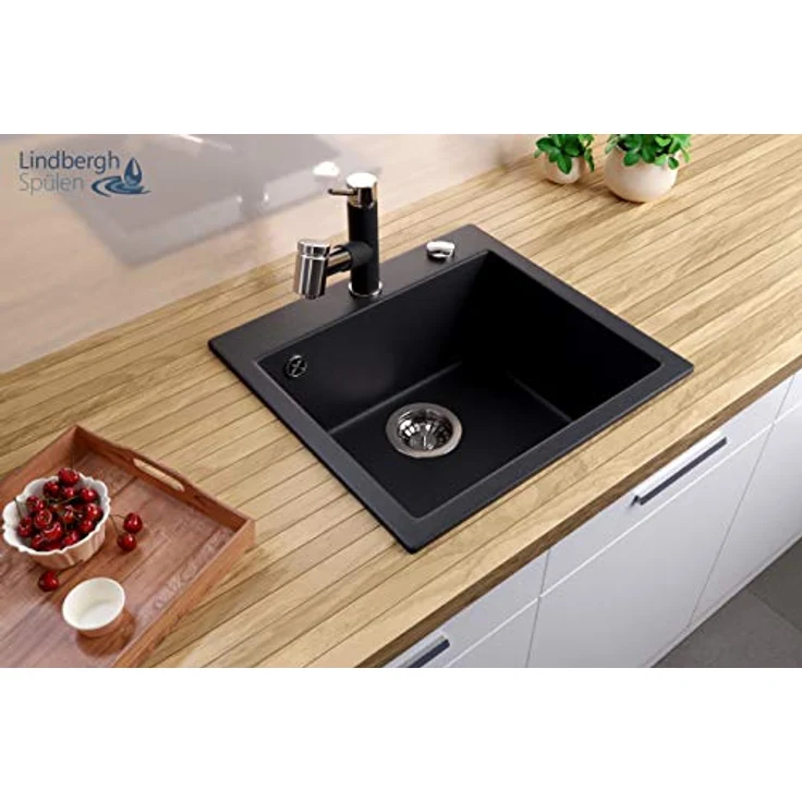 Lindbergh Spülen LINDBERGH® Granit Spüle "COL" 490 x 455 mm + kompl. Siphon, Einbauspüle Küchenspüle Spülbecken - Verbundstoffe MADE IN GERMANY (Schwarz) - Kratzfest, Hitzebeständig bis 280°C, UV-beständig – Bild 2