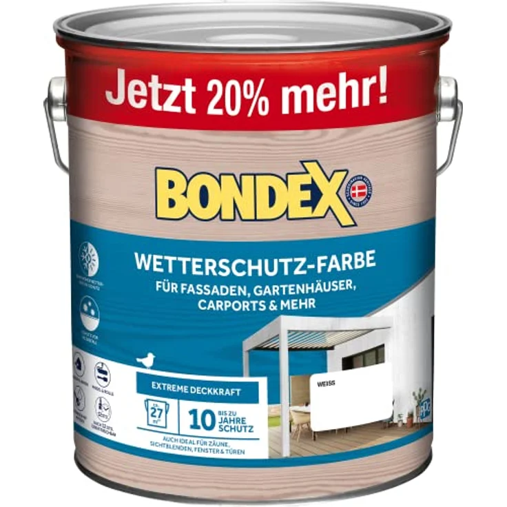 Bondex Wetterschutz Farbe Weiß 3 L für 27 m² | Extreme Deckkraft | Hervorragende Witterungsbeständigkeit | seidenglänzend | Wetterschutzfarbe | Holzfarbe – Bild 1