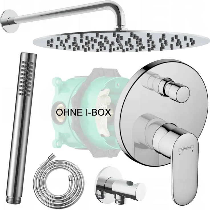 hansgrohe Vernis Blend Duscharmatur Unterputzsystem mit Umsteller, hochglanz verchromt, inkl. DEUSENFELD Brauseset und Regendusche Ø30cm, Antikalk Gummidüsen, OHNE I-BOX