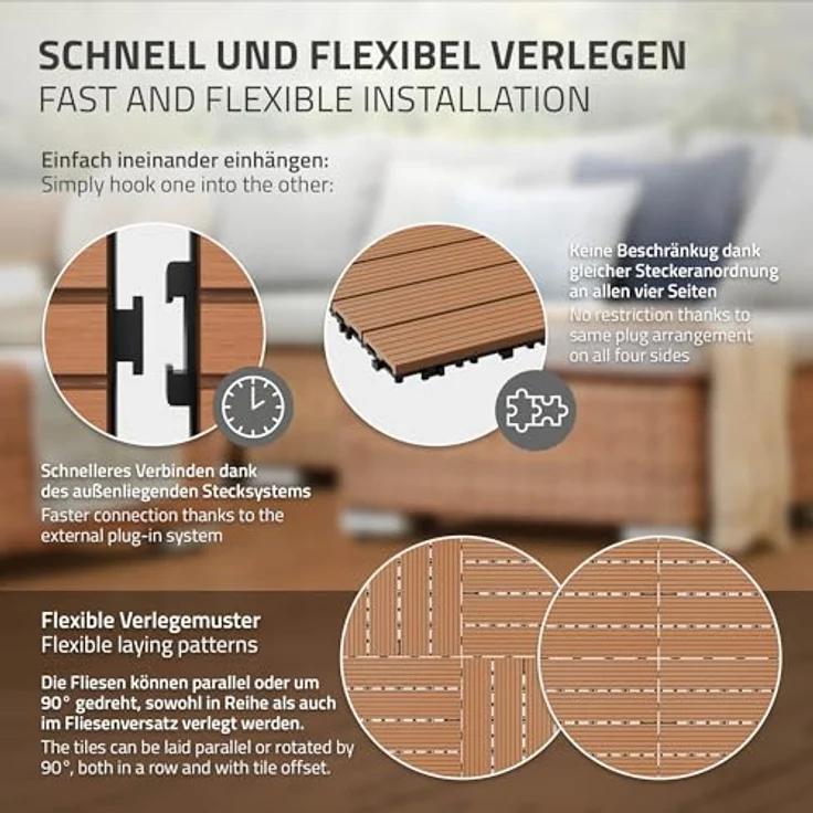 Terrassenfliesen 30x30 cm 11er Set für 1m² Hellbraun aus WPC – Bild 6